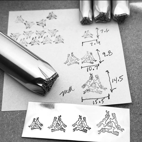 Three Hares. Three available sizes, two variations. Metal Hand Stamp.