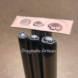 Sunflower Sketch in two available sizes. And a subtle HAND MADE round. Engraved Metal Hand Stamp.