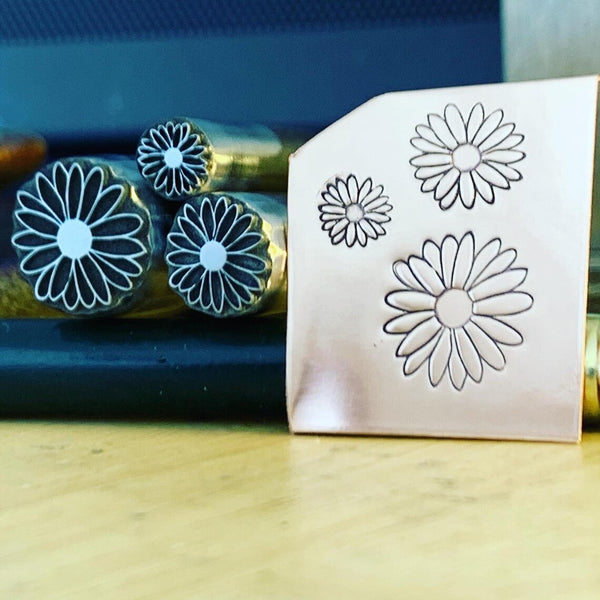 Daisies! Top and side view and stems. Engraved Metal Hand Stamp.