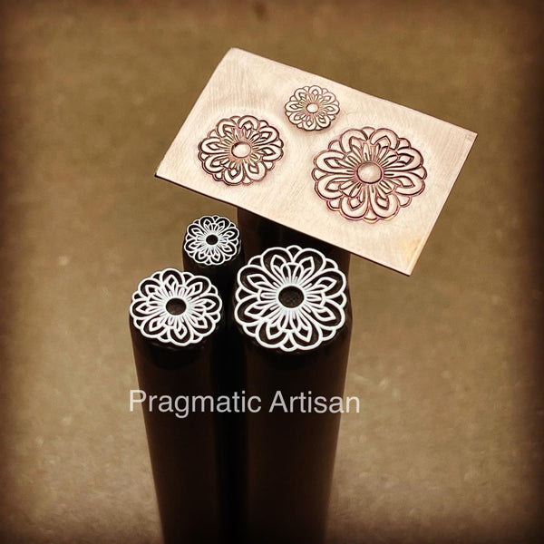 Mandala Flower. Three available sizes. Engraved Metal Hand Stamp.