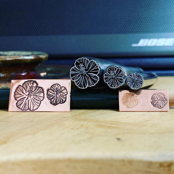 Hibiscus Ornate Raised Design. Engraved Metal Hand Stamp Handmade.
